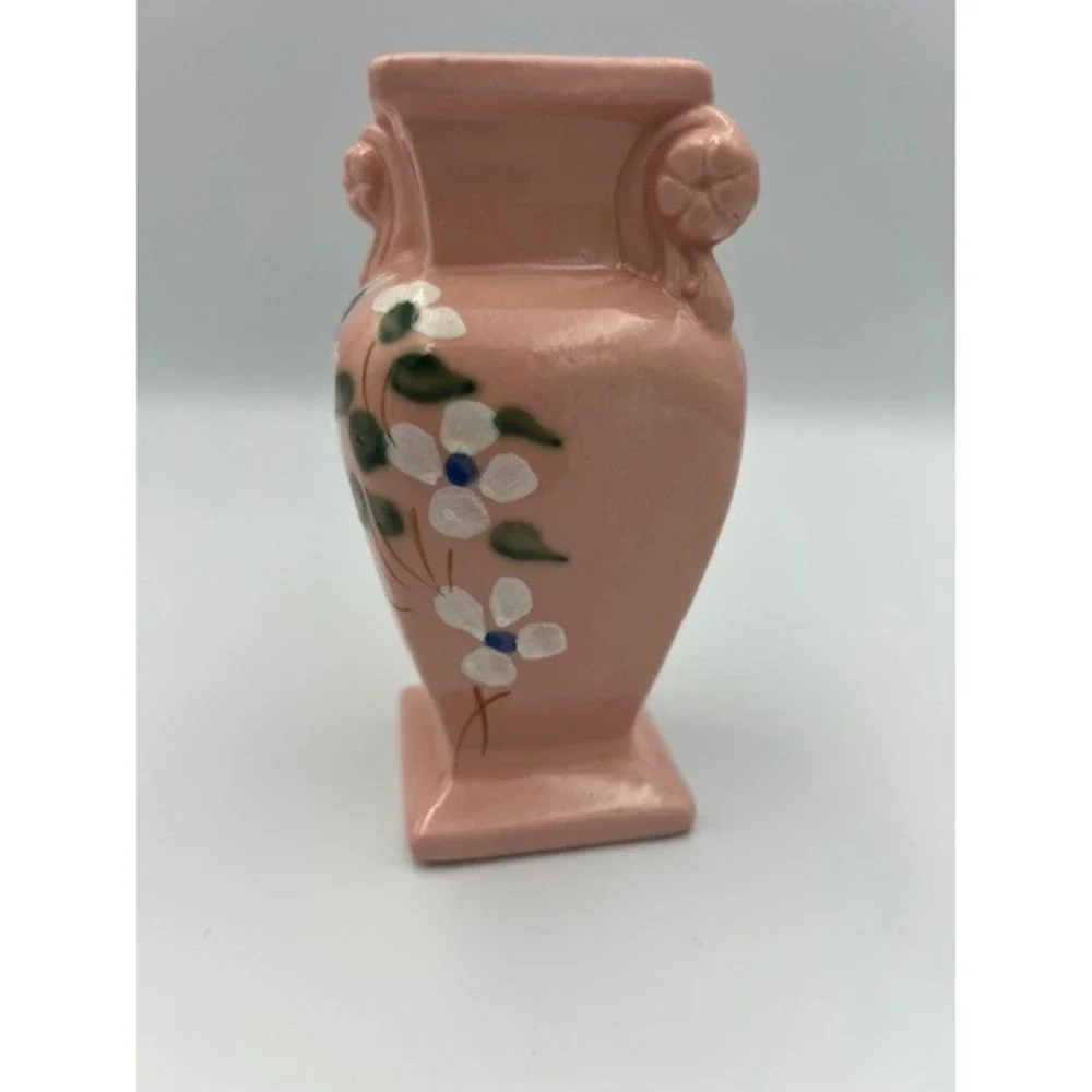 Vintage R.R.P. Co Roseville Ohio Pink Ceramic Bud Vase Hand Painted Floral 5.5
